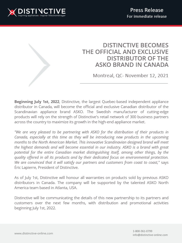 DISTINCTIVE THE OFFICIAL AND EXCLUSIVE DISTRIBUTOR OF THE ASKO